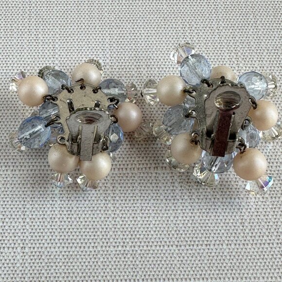 Vintage Blue & Ivory Cha Cha Cluster Clip-On Earrings with AB Faceted Beads - Picture 6 of 7